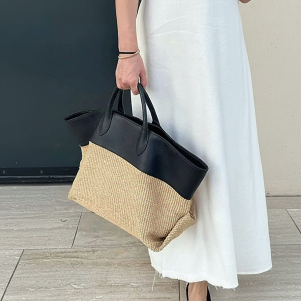 BOLSO TOTE BICOLOR TEJIDO Y CUERO ESTILO VACACIONES K26052003