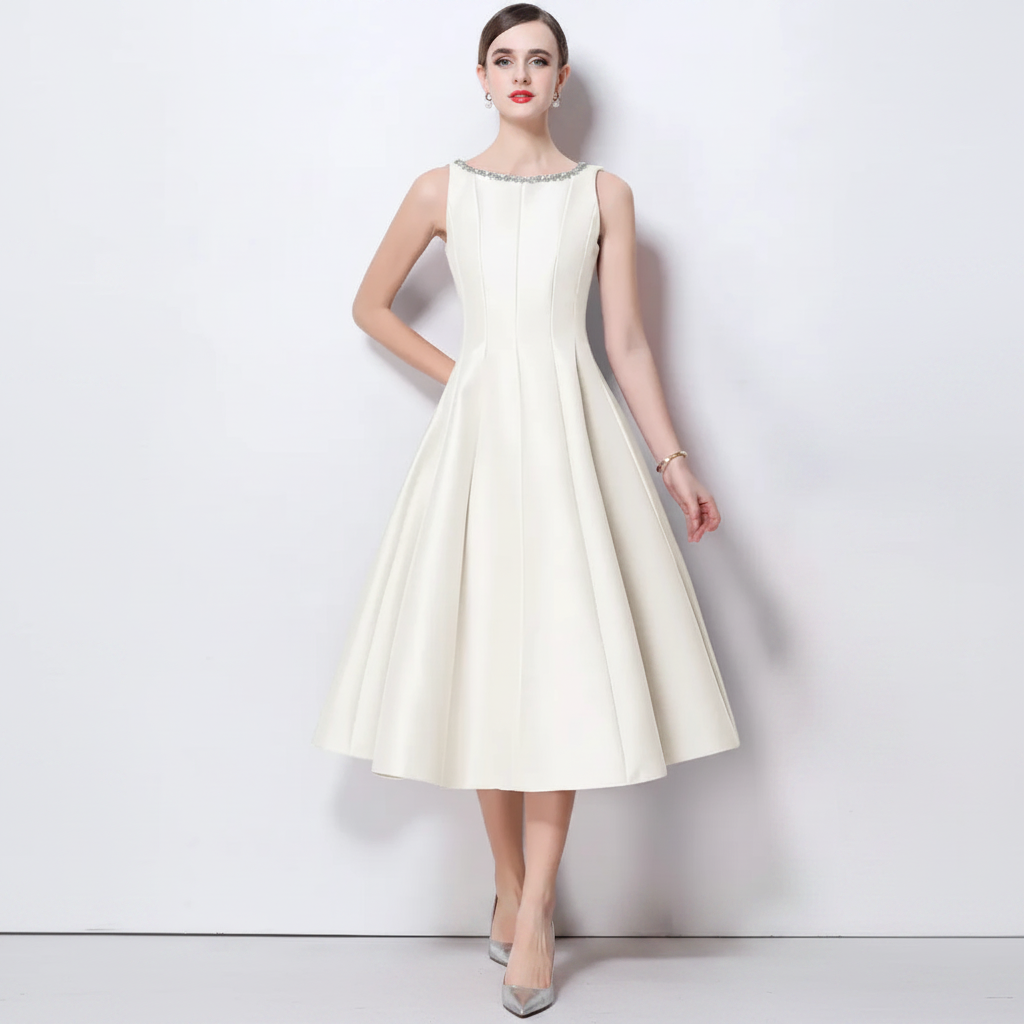 VESTIDO MIDI CÓCTEL SATÉN A-LINE CON ESCOTE BORDADO K26061501