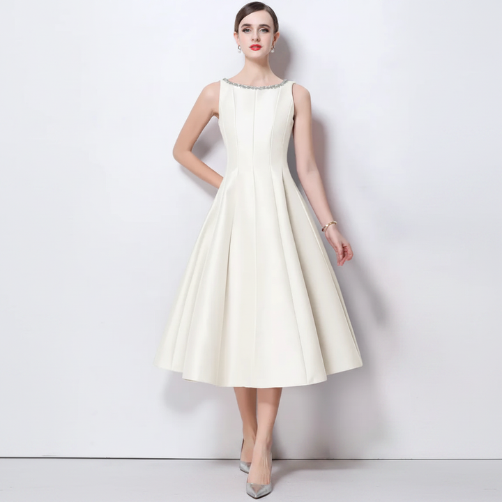 VESTIDO MIDI CÓCTEL SATÉN A-LINE CON ESCOTE BORDADO K26061501