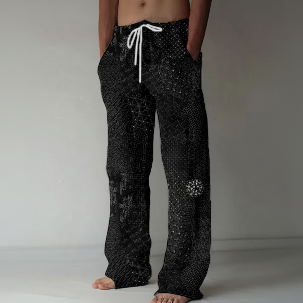 Pantalones casuales de lino estilo sashiko japonés