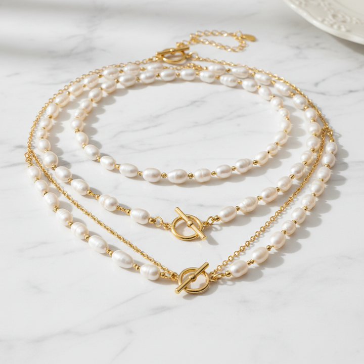 Bárbara - Conjunto de collares dorados con perlas HD 3