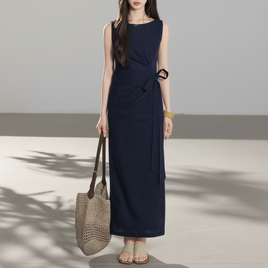 VESTIDO MAXI LINO SIN MANGAS CON NUDO EN LA CINTURA K26051205