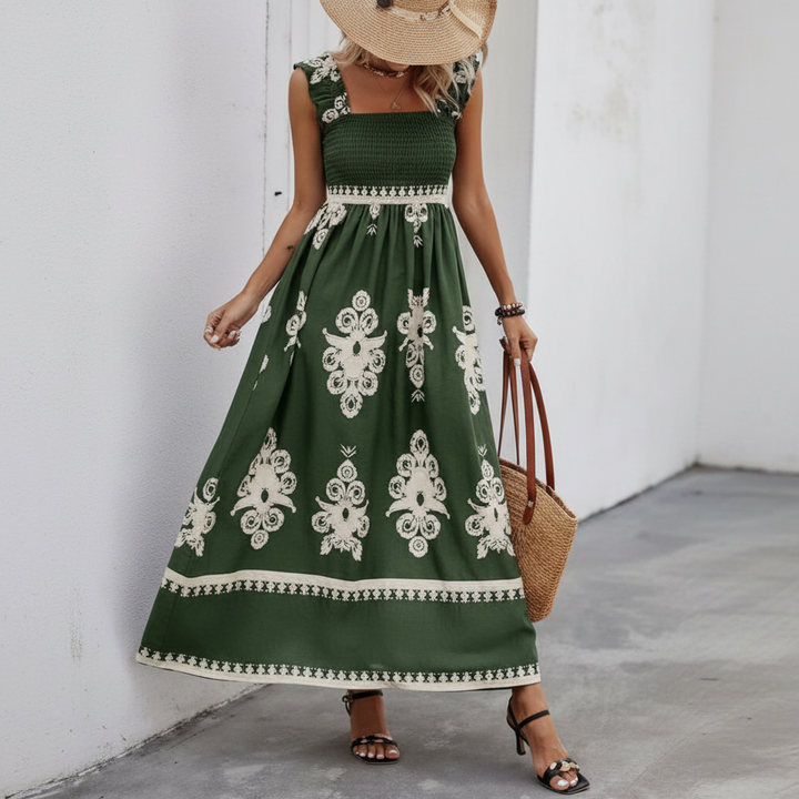 Neila | Vestido Longo Com Decote Quadrado E Padrão