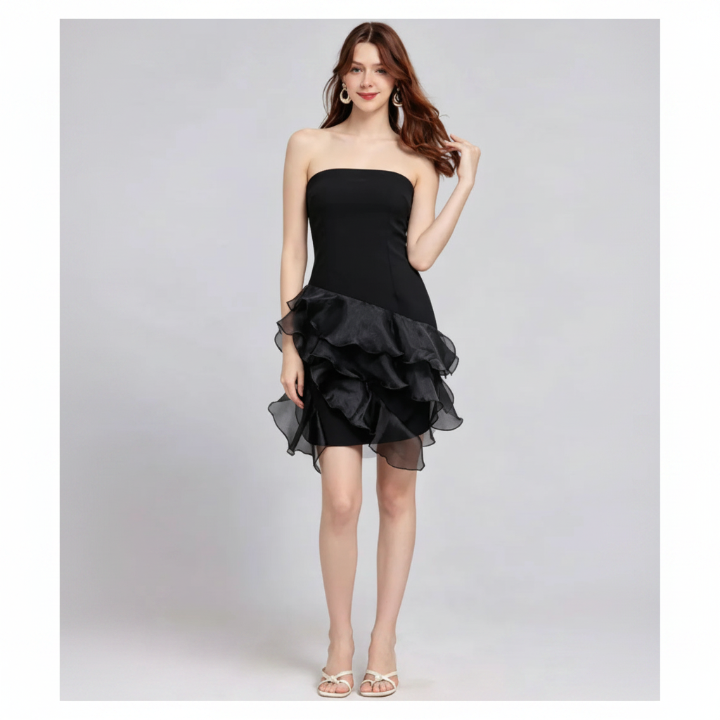 VESTIDO MINI STRAPLESS CON VOLANTES ASIMÉTRICOS K26051306