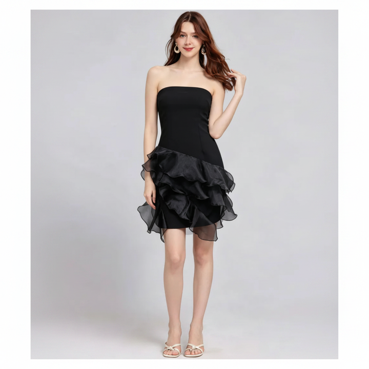 VESTIDO MINI STRAPLESS CON VOLANTES ASIMÉTRICOS K26051306