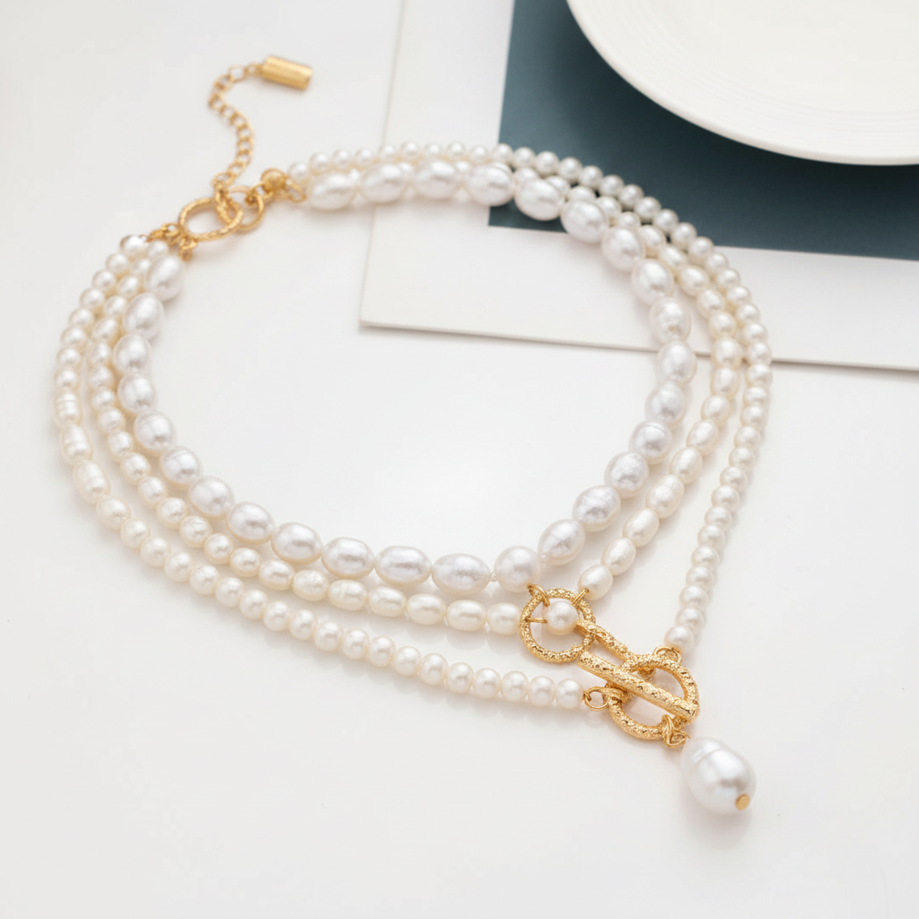 Bárbara - Conjunto de collares dorados con perlas HD 2