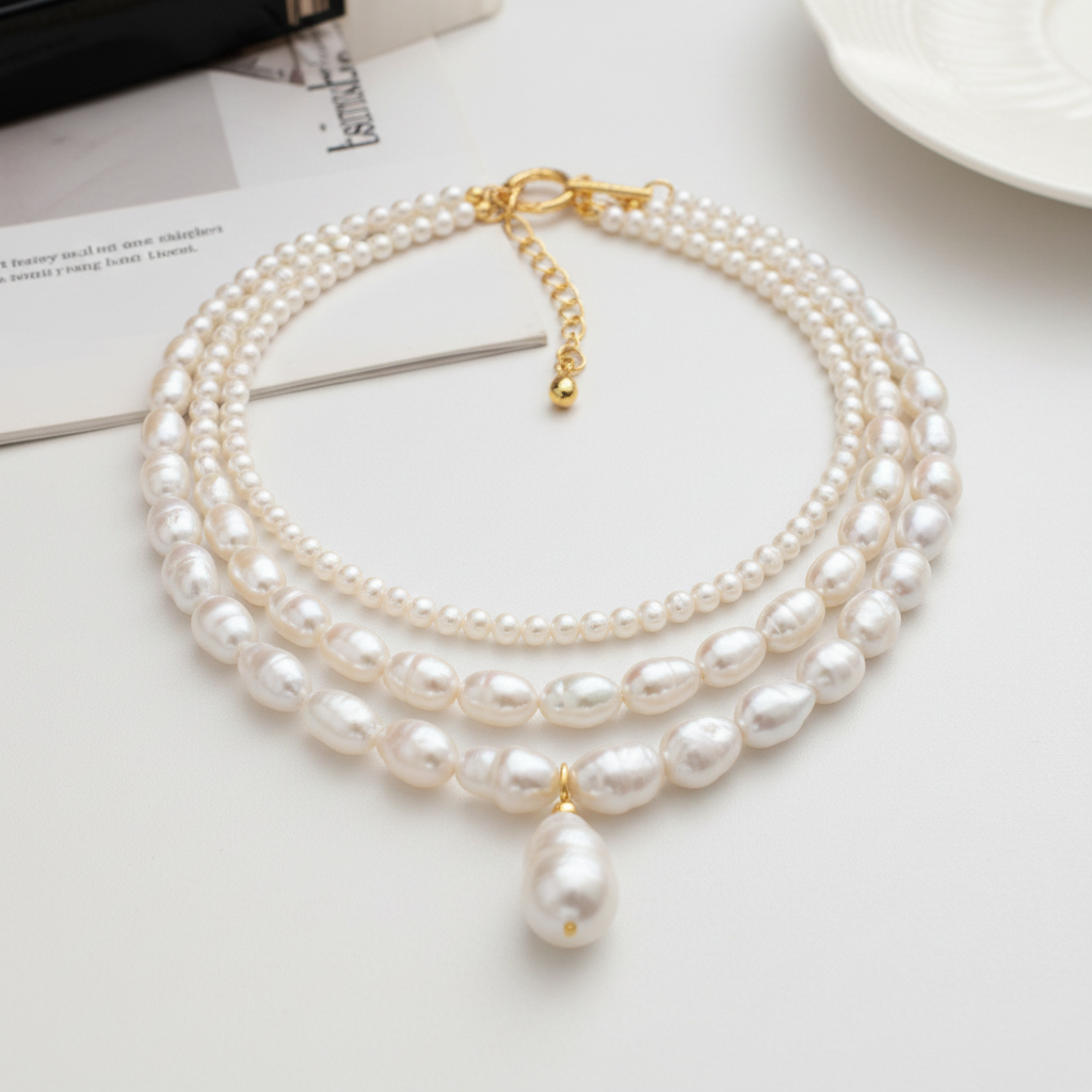 Bárbara - Conjunto de collares dorados con perlas HD 4