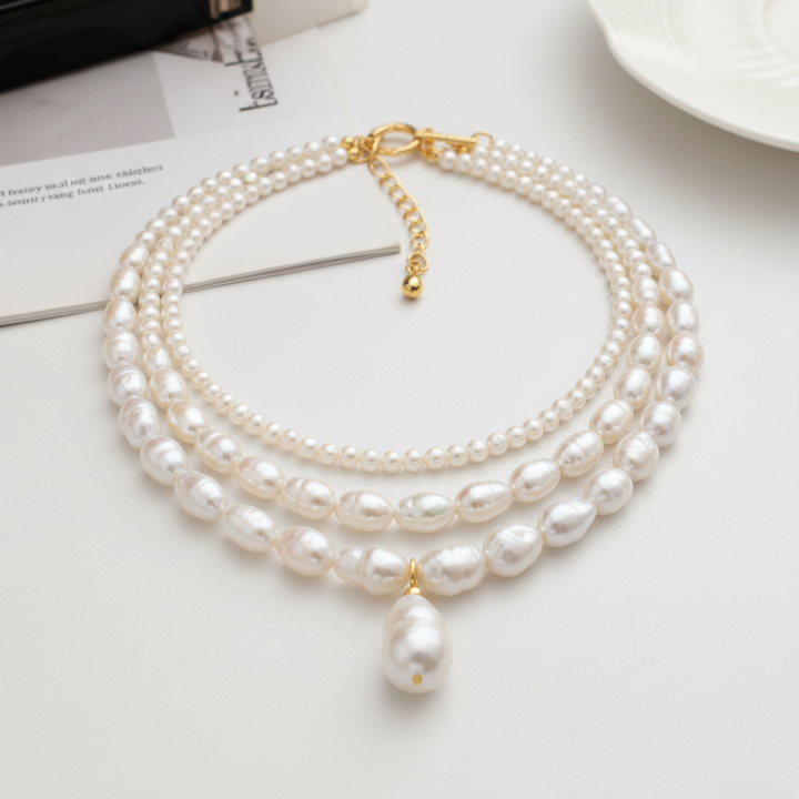 Bárbara - Conjunto de collares dorados con perlas HD 4