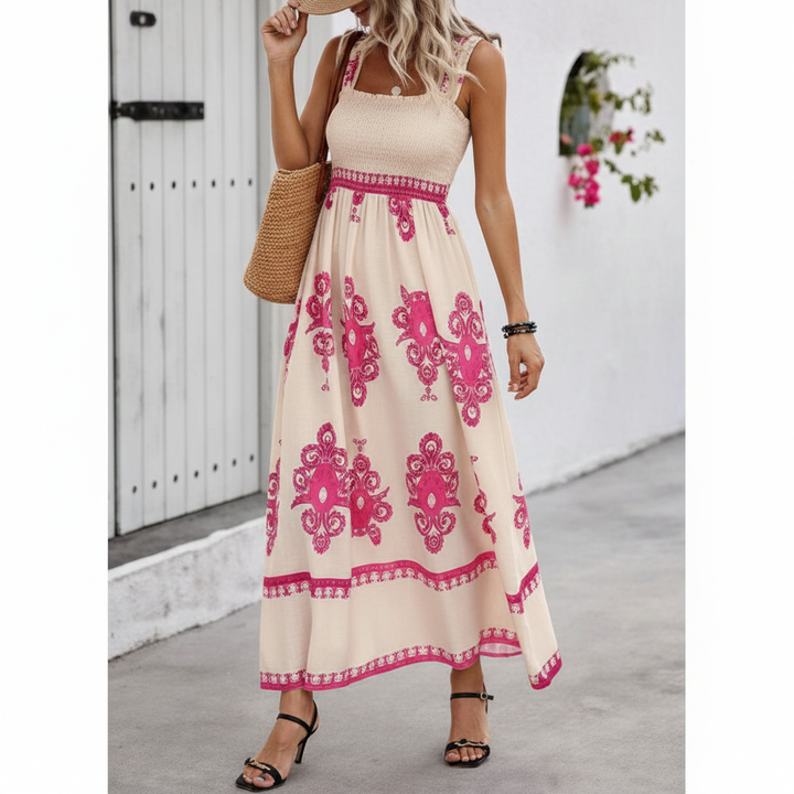 Neila | Vestido Longo Com Decote Quadrado E Padrão