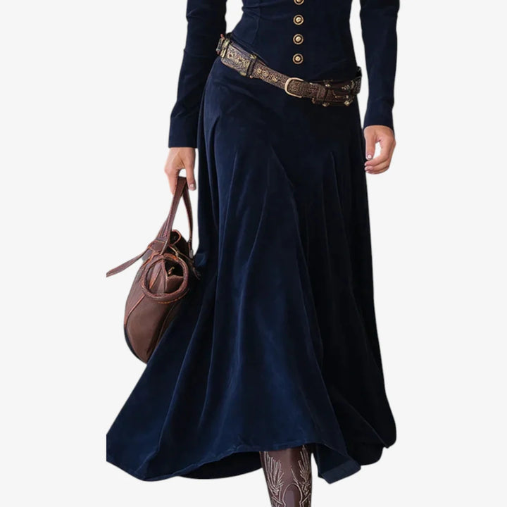 Felten™ | Vestido De Terciopelo Azul Con Botones Dorados Y Cinturón