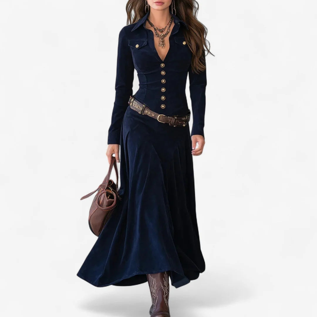 Felten™ | Vestido De Terciopelo Azul Con Botones Dorados Y Cinturón