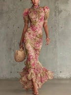 Fiona | Vestido Largo Estampado Vintage de Rosas con Mangas Abullonadas