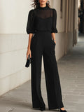Valentina | Conjunto de tres piezas negro: top lencero transparente y pantalones de pata ancha