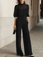 Valentina | Conjunto de tres piezas negro: top lencero transparente y pantalones de pata ancha