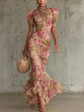 Fiona | Vestido Largo Estampado Vintage de Rosas con Mangas Abullonadas