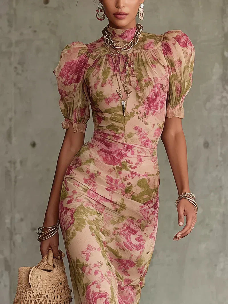 Fiona | Vestido Largo Estampado Vintage de Rosas con Mangas Abullonadas