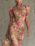 Fiona | Vestido Largo Estampado Vintage de Rosas con Mangas Abullonadas