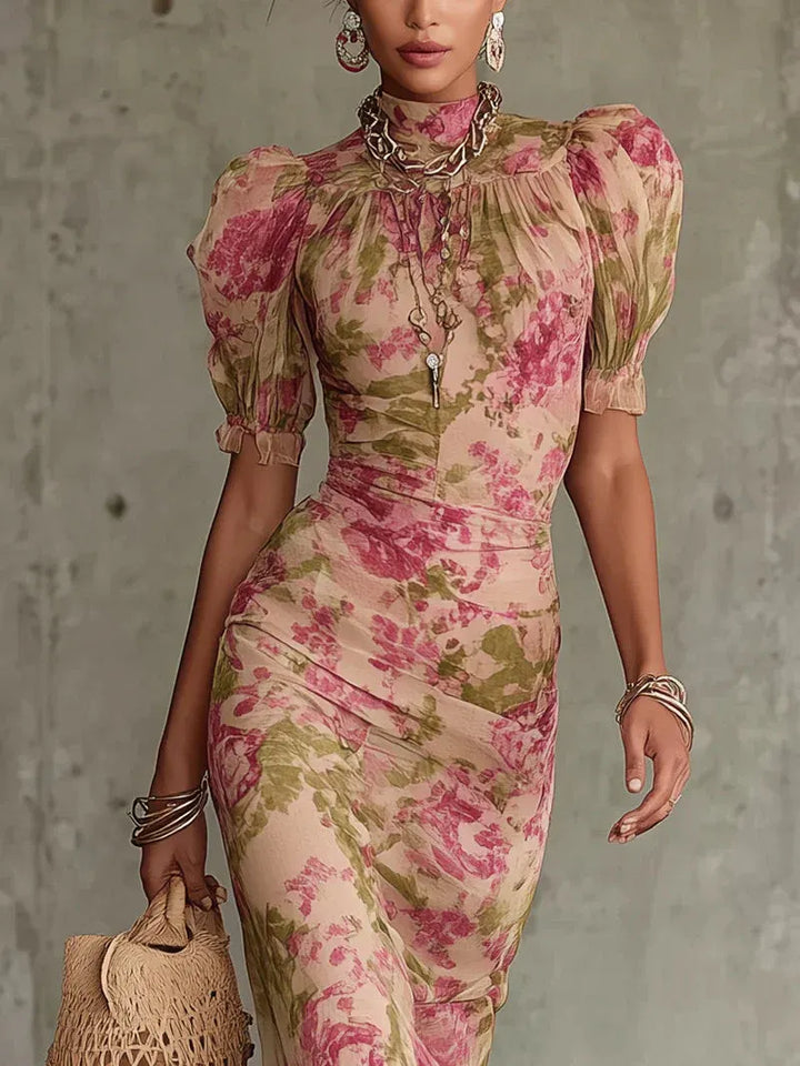 Fiona | Vestido Comprido Estampado Vintage De Rosas Com Mangas Abufadas