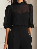 Valentina | Conjunto de tres piezas negro: top lencero transparente y pantalones de pata ancha