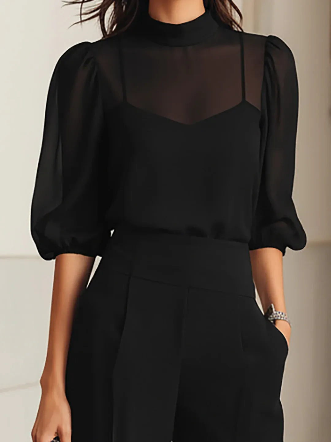 Valentina | Conjunto de tres piezas negro: top lencero transparente y pantalones de pata ancha
