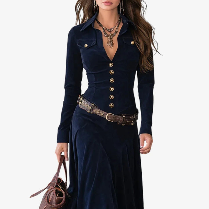 Felten™ | Vestido De Terciopelo Azul Con Botones Dorados Y Cinturón