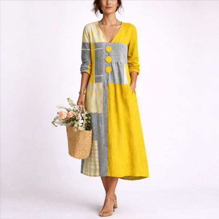 Vestido Midi Patchwork Con Botones Y Corte Relajado