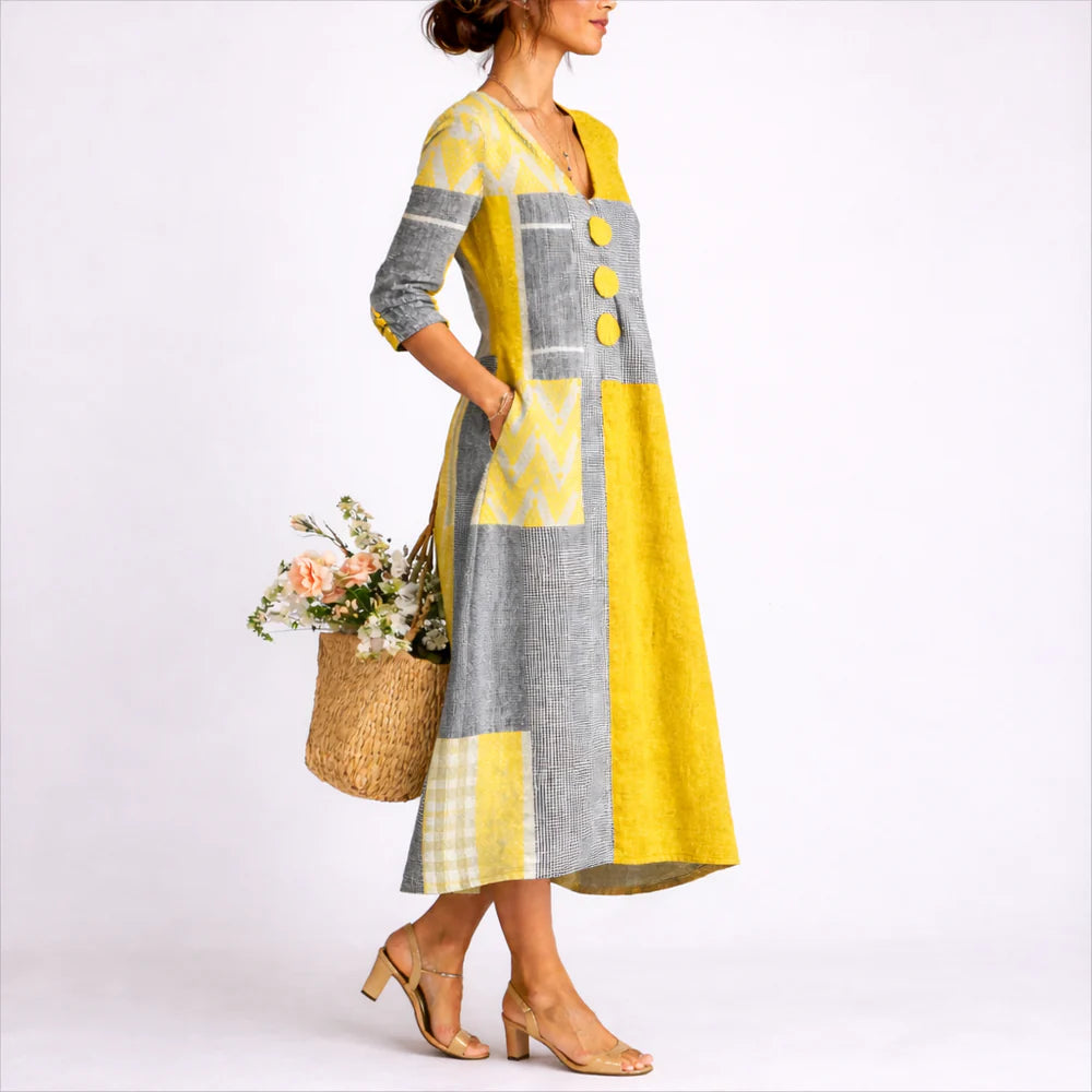 Vestido Midi Patchwork Con Botones Y Corte Relajado