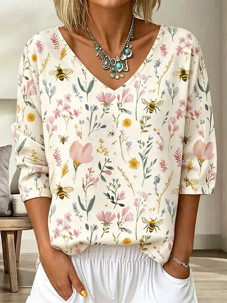 Top Vintage de Algodão e Linho com Estampado Floral Artístico e Manga 3/4