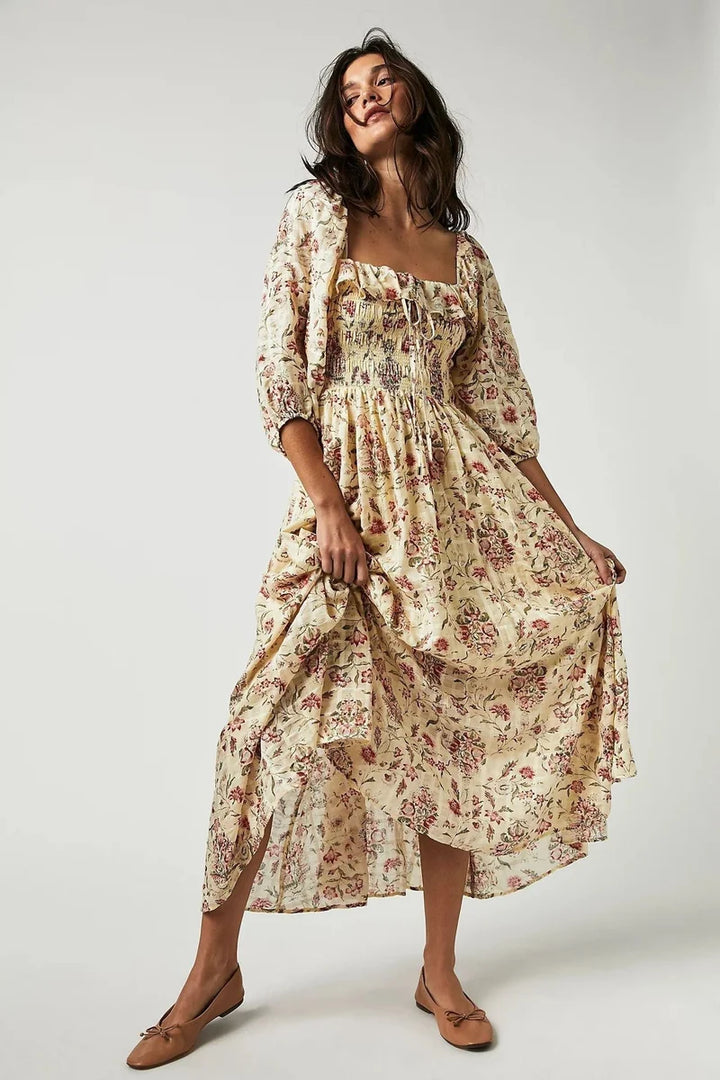 Women's Quinn Midi Dress - Romantic Bohemian Floral Cotton Dress with a Figure-Flattering Cut