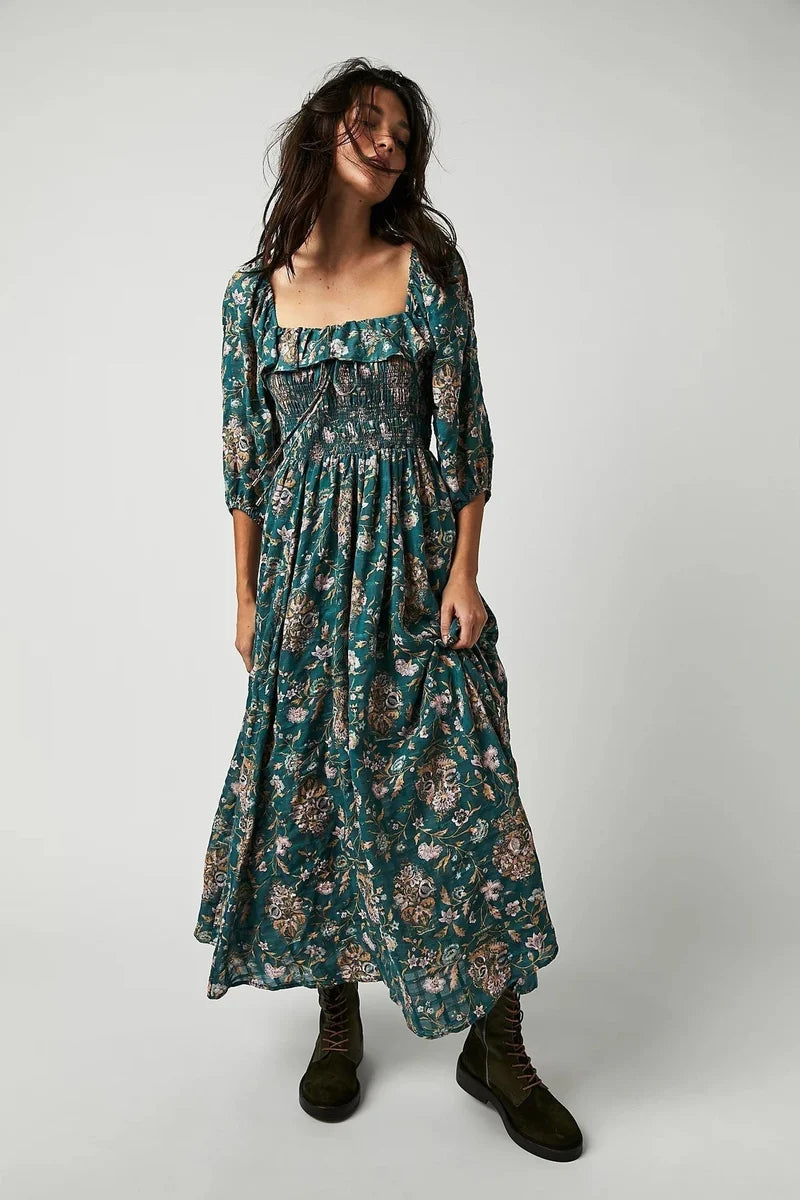 Women's Quinn Midi Dress - Romantic Bohemian Floral Cotton Dress with a Figure-Flattering Cut