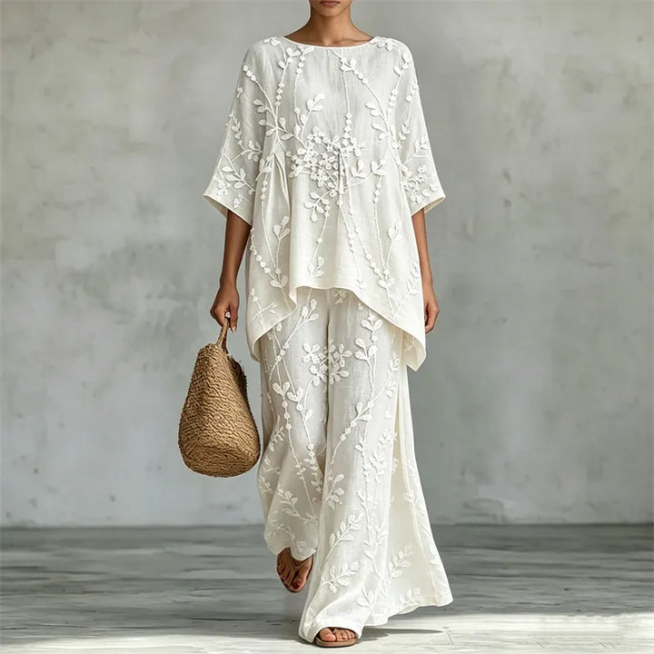 Conjunto Elegante De Túnica De Linho Com Renda Floral E Calças De Perna Larga