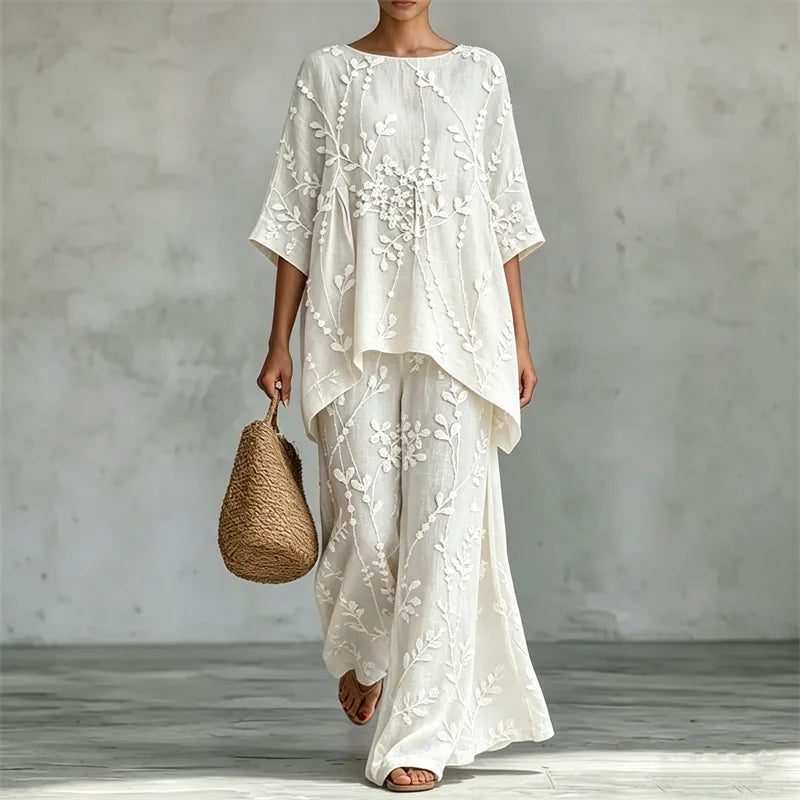 Conjunto De Túnica Fluida De Linho Com Renda Floral E Calças De Perna Larga