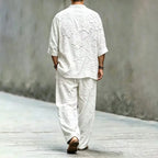 Conjunto dos piezas camisa y pantalón floral japonés bordado vintage para hombre