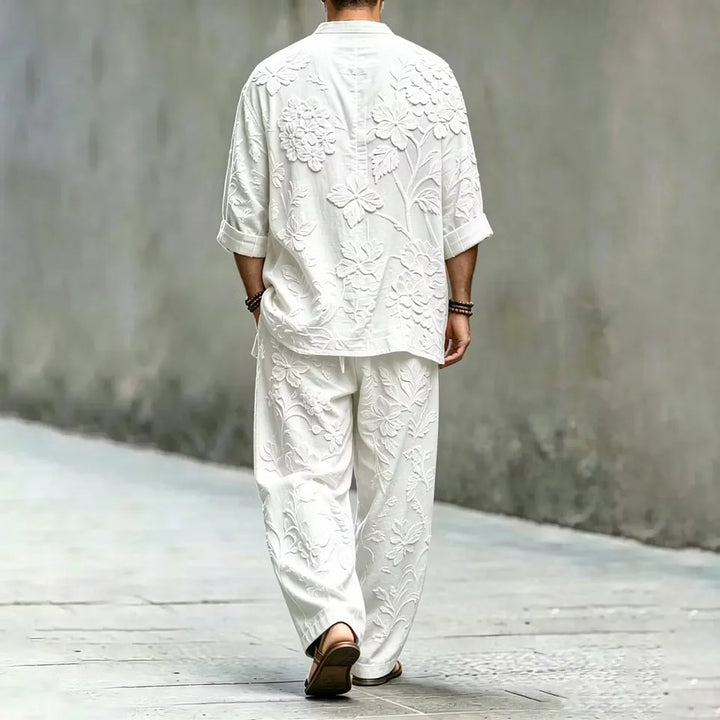 Conjunto Dos Piezas Camisa Y Pantalón Floral Japonés Bordado Vintage Para Hombre