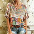 Camisa de lino vintage hippie con bordado floral y estrellas