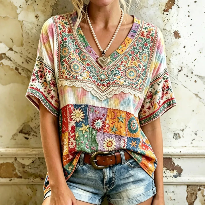 Camisa De Lino Vintage Hippie Con Bordado Floral Y Estrellas