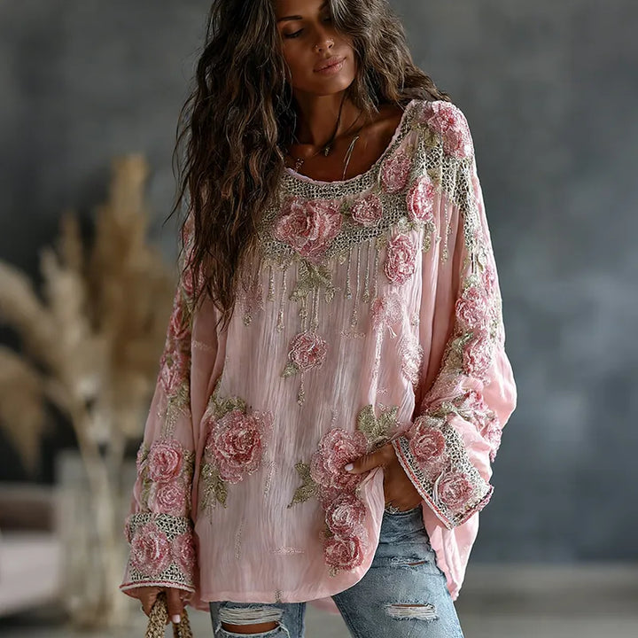Top Casual Fluido De Mezcla De Lino Con Bordado Floral Vintage