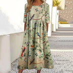 VESTIDO MIDI SUELTO CON ESTAMPADO FLORAL y PÁJAROS JAPONÉS CUELLO REDONDO