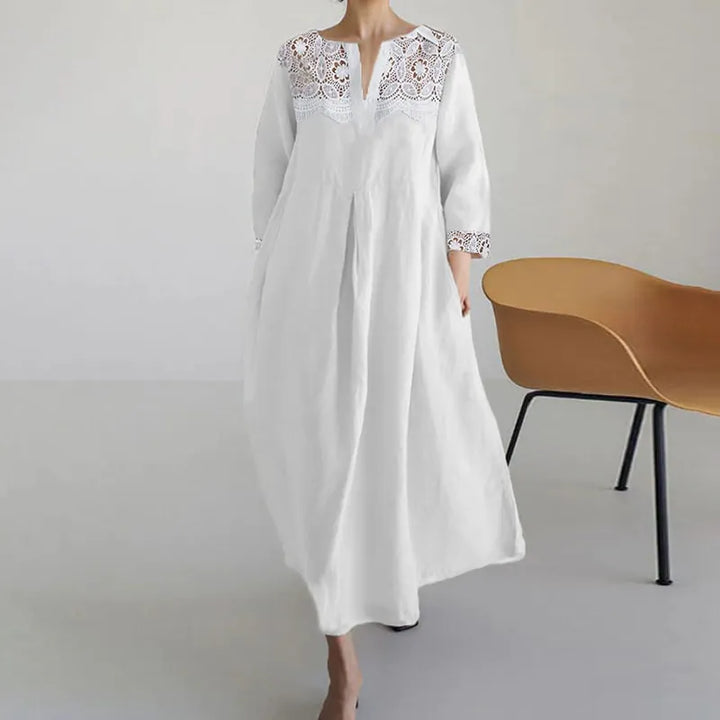 Vestido Comprido Casual Solto de Algodão e Linho com Renda