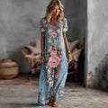 Vestido maxi de mezcla de lino con estampado floral de rosas manga corta para mujer
