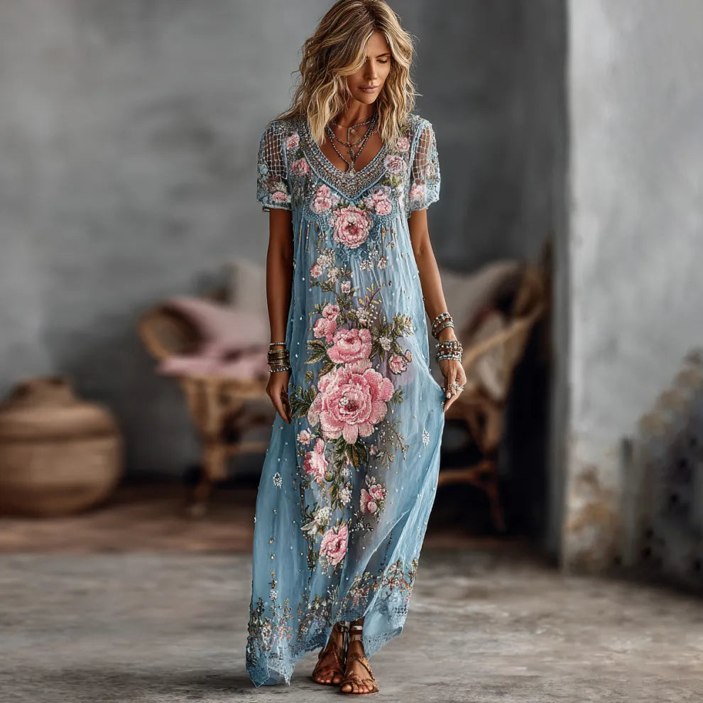 Vestido maxi de mezcla de lino con estampado floral de rosas manga corta para mujer