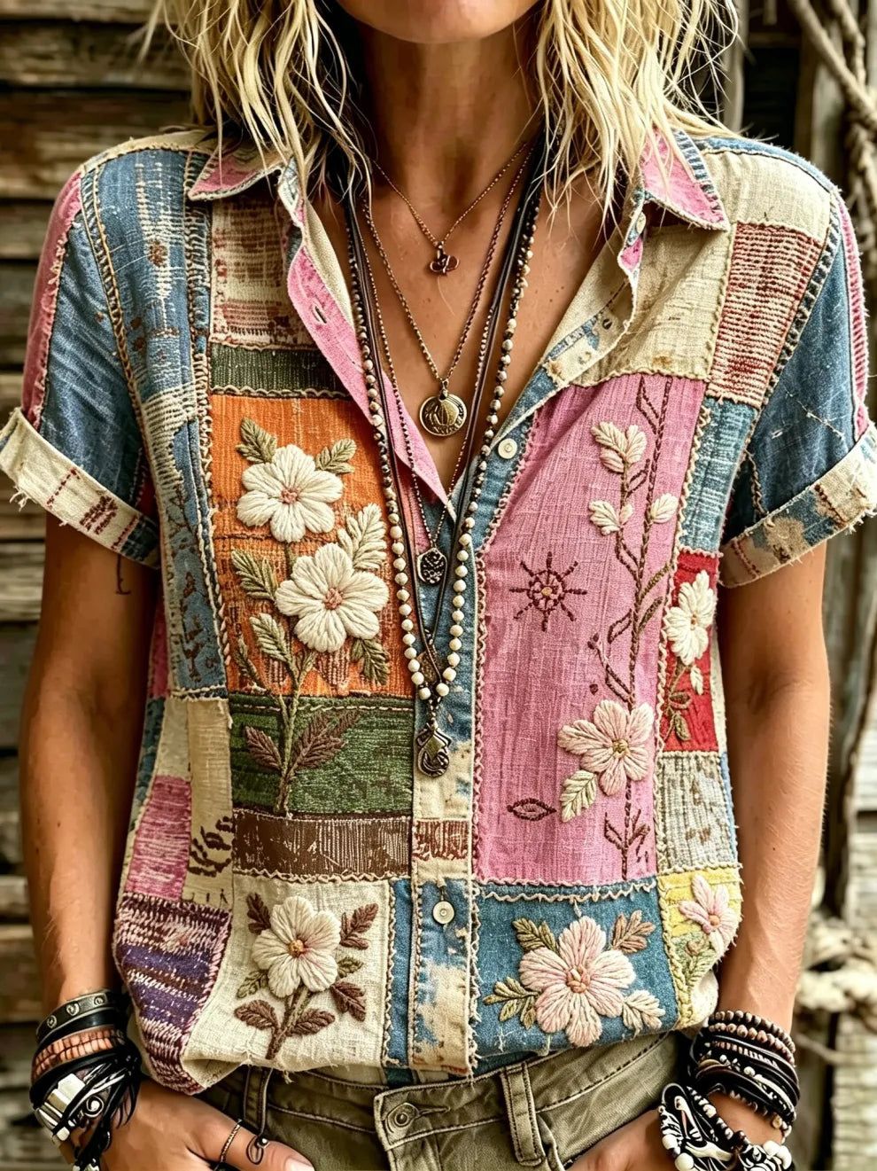 Camisa boho hippie retro con bordado floral patchwork manga corta