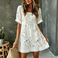 Vestido mini hippie vintage con bordado floral y libélulas cuello redondo