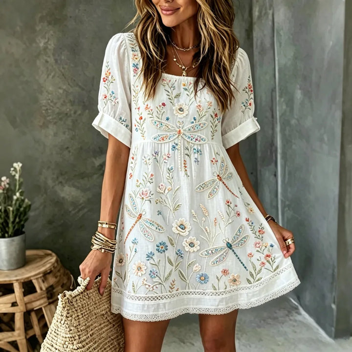 Vestido Mini Hippie Vintage Con Bordado Floral Y Libélulas Cuello Redondo
