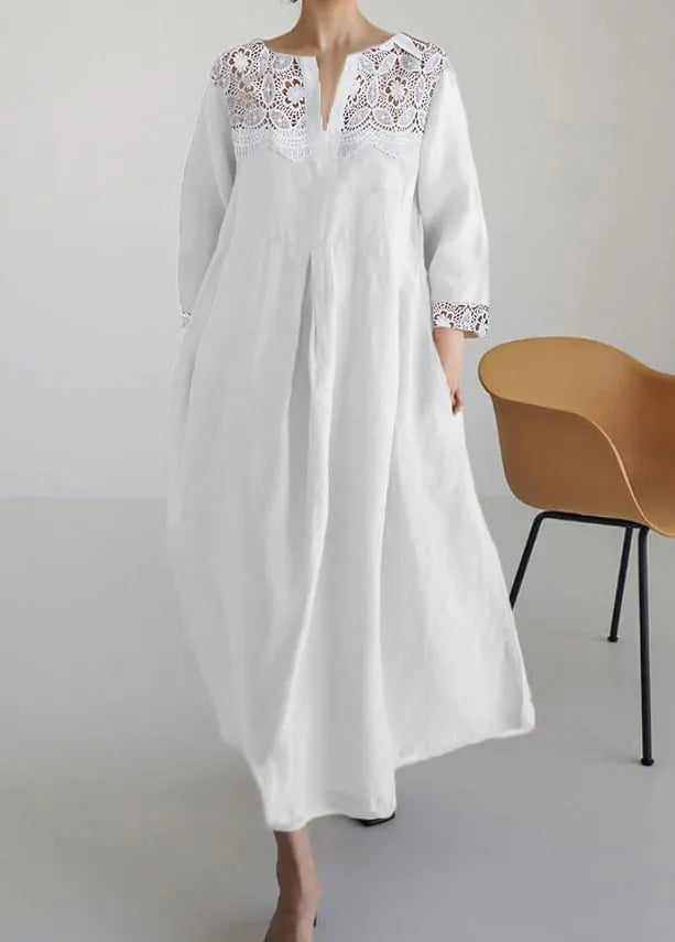Vestido Largo Casual Suelto de Algodón y Lino con Encaje