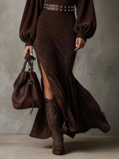 Aurelia™ | Luxurious Suede High Neck Maxi Dress