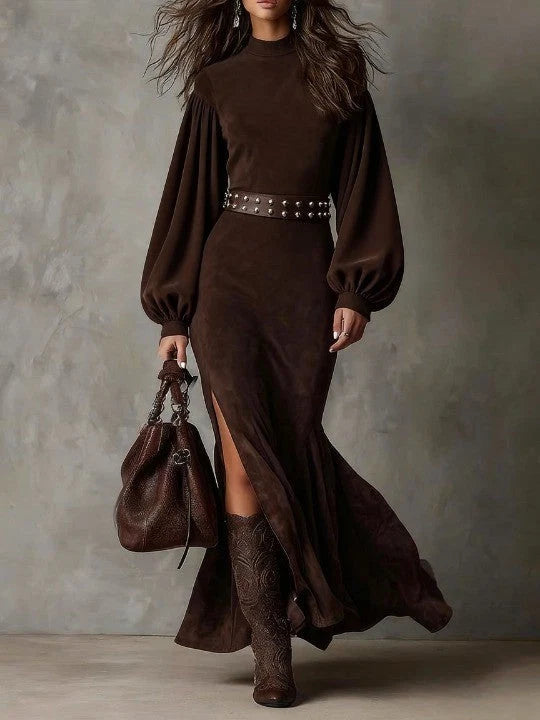Aurelia™ | Luxurious Suede High Neck Maxi Dress