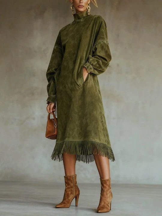 Aurelia Fringe™ | Vintage Suede High Neck Fringe Midi Dress