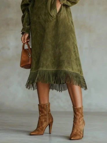 Aurelia Fringe™ | Vintage Suede High Neck Fringe Midi Dress