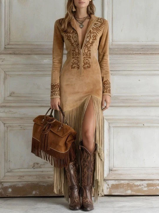 Ophelio | Maxi Vestido Western Com Franjas De Pelo Sintético